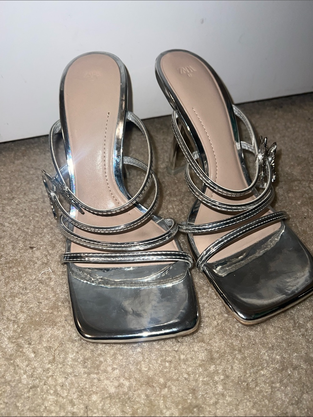 Zara Metallic Silver Strappy Mule Heels